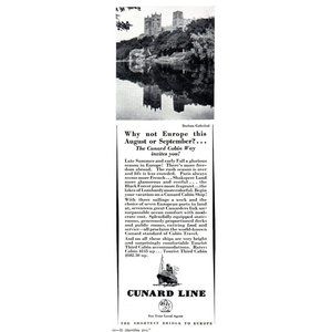 1929 Cunard Cruise Line Vintage Print Ad Durham Castle River Europe Wall Art